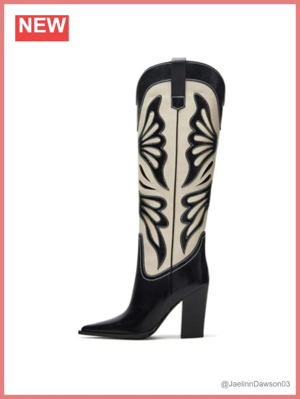 Women's Pointed Toe Cowboy Boots Wide Calf Knee High Chunky Heel Butterfly